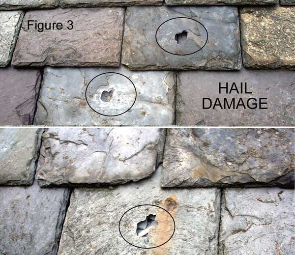 Hail damage on a slate roof - photos by Joseph Jenkins